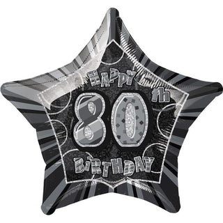 Happy 80th Birthday Prismatic Black Star Foil Balloon | 80th Birthday Party Supplies NZ