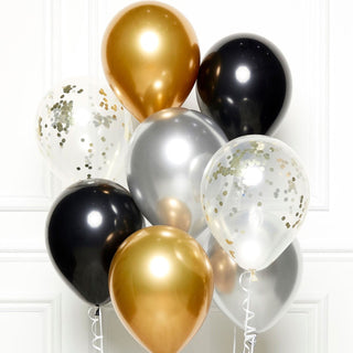 Gold Silver Black Confetti Latex Balloons | Gold Silver Black Party Balloons | 21st Balloons NZ